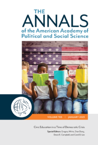 Cover of The ANNALS volume 705 (January 2023), titled "Civic Education in a Time of Democratic Crisis" and edited by Gregory White, Dian Dong, David E. Campbell, and Carol D. Lee. Includes image of four children reading books in front of an American flag.