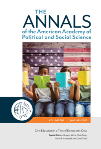 Cover of The ANNALS of the American Academy of Political and Social Science, volume 705 (January 2023), titled "Civic Education in a Time of Democratic Crisis" and edited by Gregory White, Dian Dong, David E. Campbell, and Carol D. Lee. Includes image of four children reading books in front of an American flag.